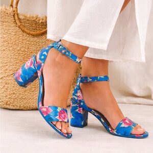 Blue Floral Block Heel Ankle Strap Sandals Statement Heel Resort Spring Summer 9